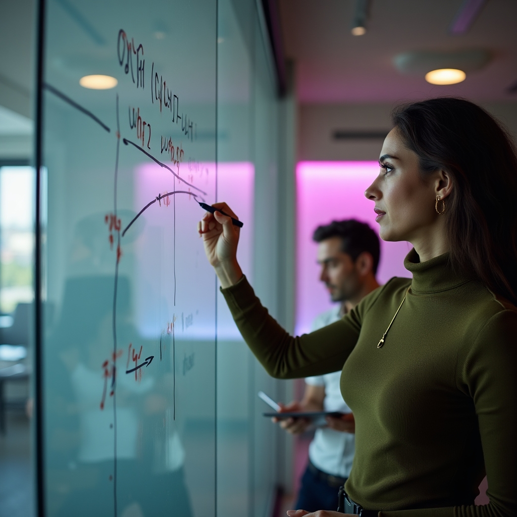 Editor drawing connecting lines between an alert and a writer's name on a glass whiteboard task board
