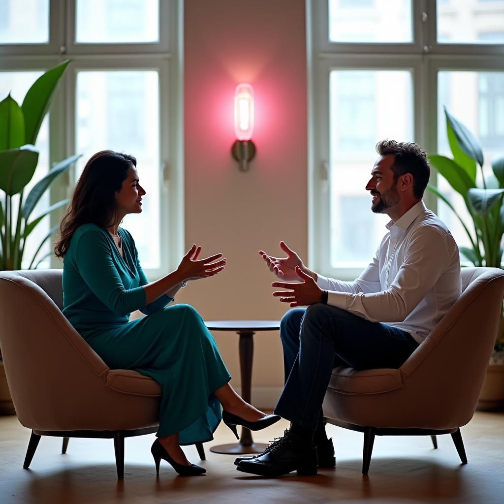 Two colleagues in an animated conversation discussing content strategy in a lounge setting