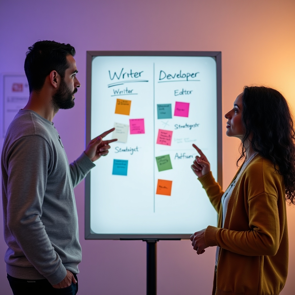 Two colleagues discussing a role-based task board with writer, editor, strategist and developer columns