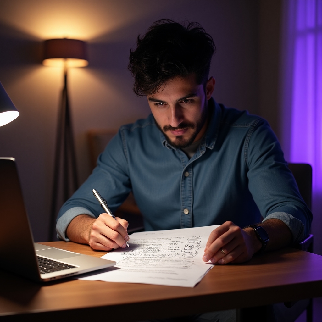 Writer reviewing a printed article draft with handwritten notes beside an open laptop